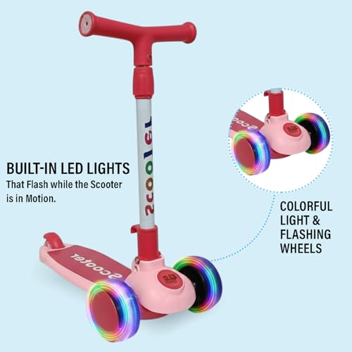 Image of NHR Foldable 3 Wheel Kick Scooter for Kids Up to 6 Years with Colorful LED Flashing Wheels, 4 Level Height Adjustable Handlebar, Tilt-to-Steer & Rear Press Brake Toy for Boys Girls (Pink)