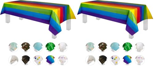 Image of Grandipity Carnival Pride Rainbow Banner Theme 24 Pack Premium Disposable Plastic Tablecloth 54 Inch. x 108 Inch. Decorative Rectangle Table Cover