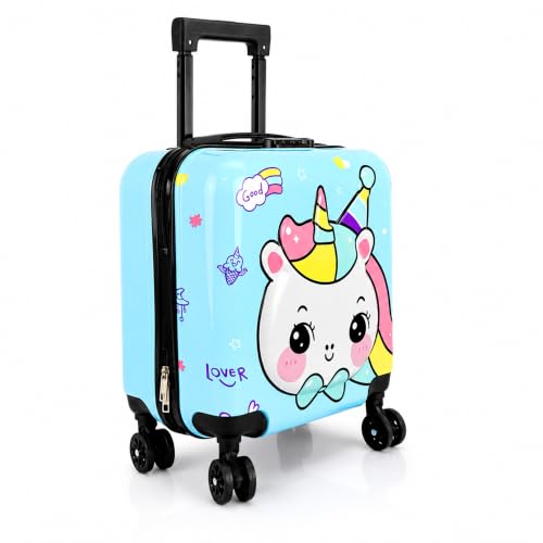 Image of Storite 18 in Unicorn Theme Kids Trolley Bag | Hard-Sided Polycarbonate Travel Suitcase Spinner Cabin Luggage(Blue - 35 x 23 x 38 Cm)