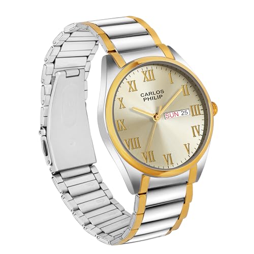 Image of Carlos Philip Men's Roman Numeral Analog Watch - Day and Date Display, Stainless Steel Strap, Quartz Movement, Business Style Watch for Men
