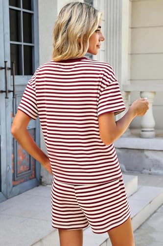 Image of QLIPIN Striped Two Piece Set for Women 2 Piece Lounge Sets Summer Outfits Stripes Shirt and Shorts Set