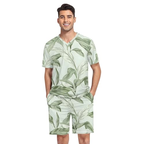 Men's Pajama Set Leaves Short Sleeve with Shorts Pockets Sleepwear Set Summer Loungewear