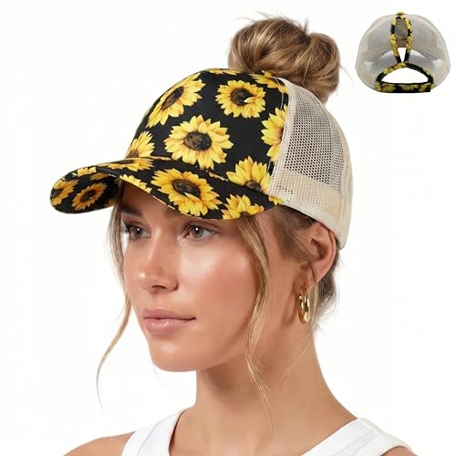 Gorra cola de caballo mujer moño alto visera béisbol desgastada estilo dad hat girasol