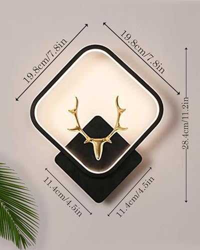 Image of Homesake LED Wall Lamp for Living Room Bedroom, Modern Golden Deer Decorative Wall Light, Warm White Indoor Designer Home Decor Light, Stag Face, Square Frame, (Black, Square)