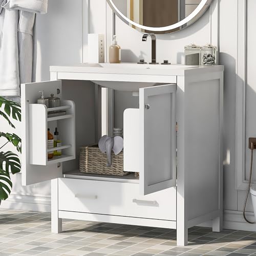 Merax 30" Bathroom Vanity with Single Sink, Combo Cabinet Undermount Sink, Bathroom Storage Cabinet with 2 Doors and a Drawer, Soft Closing, Multifunctional Storage, Solid Wood Frame, White