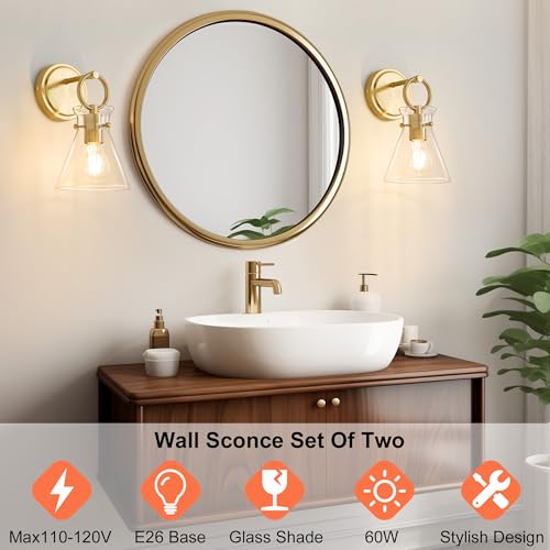 Image of Gold Wall Sconces Set of 2 Vanity Light Fixture for Bathroom | Wall Mount Lighting Lamp, Farmhouse Wall Lights 6'' Clear Glass Shade, Hardwired for Bedroom Living Room Mirror
