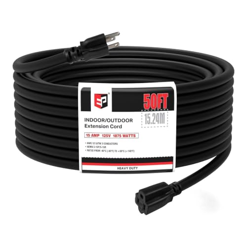 EP 50 Ft Heavy Duty Outdoor Extension Cord, 12/3 SJTW Black 3-Prong