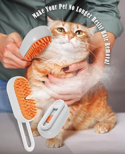 Image of Cat Steam Brush for Shedding - 3 in 1 Steam Cat Brushes for Grooming and Massage - Adjustable Cat Brush with Steam for Dogs, Removing Tangled and Loose Hair (White & Orange)
