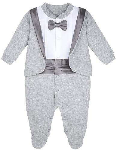 Image of Lilax Baby Boy Gentleman Tuxedo Footie Christmas Holiday Outfit with Bow Tie