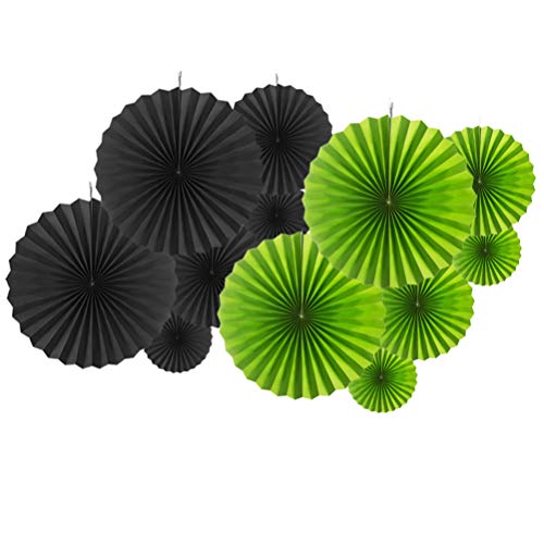 Image of MOWO Black Green Paper Fans Hanging Decoration, 12pc | Jungle Tropical Summer Football Sports birthday graduation wedding retirement baby shower new year party decoration