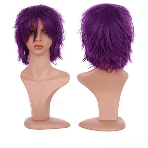 Perruque synthétique Cosplay perruque blanc rouge vert bleu rose jaune cheveux courts perruque couche faux cheveux extension hommes femmes fête perruque-violet-12 pouces