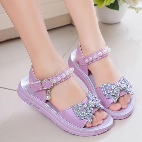 Girls Dress Sandals Kids Rhinestone Bowknot Open Toe Pearl Ankle Strap Princess Flat Sandal Wedding Flower Girl Shoes2