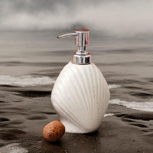 Image of Ceramic Soap Dispenser 330ml (Set of 1) | Multipurpose Lotion, Hand Wash & Liquid Soap Pump Bottle for Bathroom & Kitchen | White Shell Design