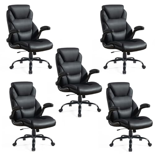 Brage Living 400LBS Big and Tall Office Chair, Leather Executive Desk Chair with Padded Flip-up Arms, Heavy Duty Swivel Rolling Computer Chair for Home Office, Black, Set of 5