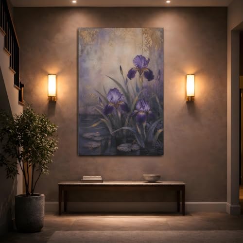 Tableau Grand Format Iris Violet et Or - Solution mur vide salon vintage 80x120