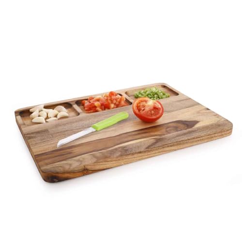 Image of Crystal Teak Wood Chopping Board with 3 Compartments | Chop & Organise | Perfect for Vegetables, Fruits & Bread | Large (35 * 25 * 1.8 Cm) | Handcrafted & Eco-Friendly Reversible Cutting Board