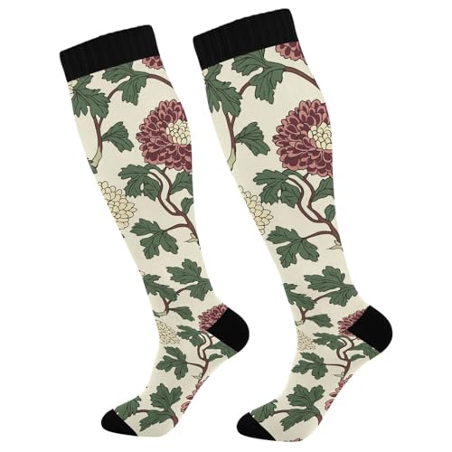 Wassud Chrysanthemum Compression Socks for Women and Men 20-30 mmHg Knee High Socks for Nurses Travel 2 Pair