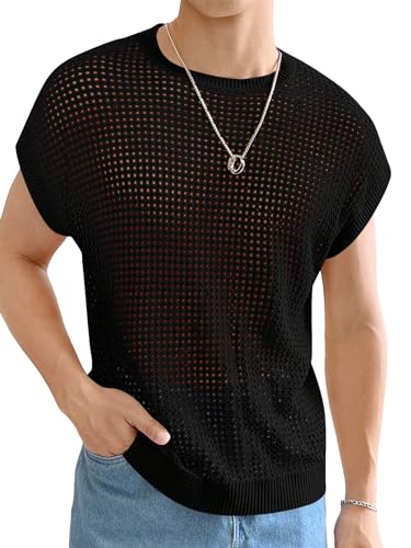 Verdusa Men's Hollow Out Round Neck Sweater Cap Sleeve Casual Knit Top