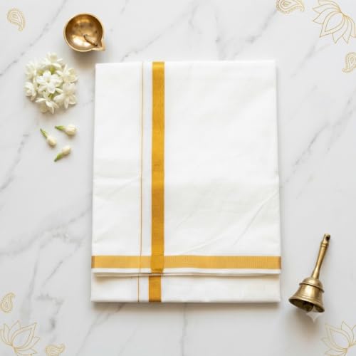 Image of Cotton Lungi for Men | South Indian Style White Dhoti /Mundu with Gold Jari Border | 2.00 Meters, Unstitched, Comfort Fit