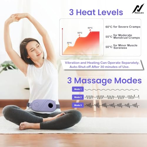 NexLev Cordless Electric Heating Pad| Period Cramp & Back Pain Relief Massager | 9 modes| Menstrual Cramp Relief|Type C| Crampfree Periods | Portable | Gift for Women| Strap upto 40 Inch |Purple CM-02