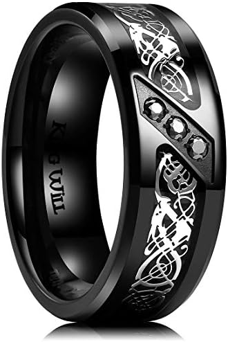 King Will GEM 8mm Black Fiber Paper with Zircon Inlay Titanium Ring Celtic Dragon Comfort Fit Wedding Band 10.5