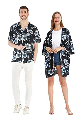 Matchable Couple Hawaiian Luau Shirt or Kimono in Midnight Bloom