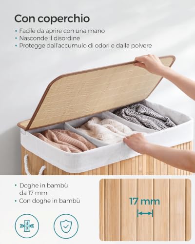 SONGMICS Cesto Portabiancheria, 150 L, in Bambù, a 3 Scomparti, Pieghevole - Immagine 2
