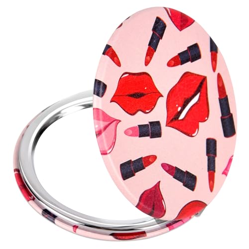 Quality Compact Vanity Mirror Gifts for Girls Women Beauty Stylish Travel Folding Makeup Mirrors for Wallet Purse Pocket Handbag Portable Double-Sided Magnifying Cosmetic Mirror Bright Red