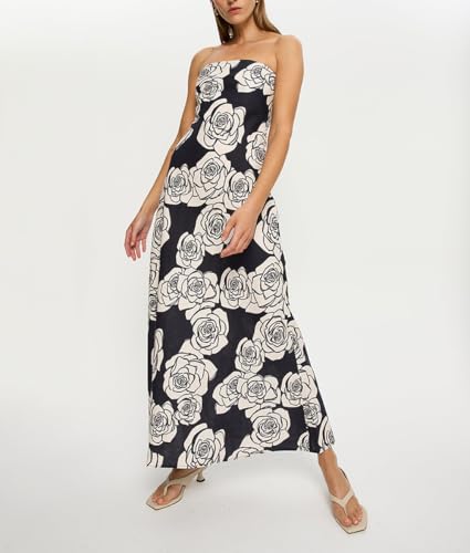 Image of Women Floral Print Maxi Tube Dress Strapless Flowy Long Bandeau Dress Y2K Open Back Sundress Summer Beachwear