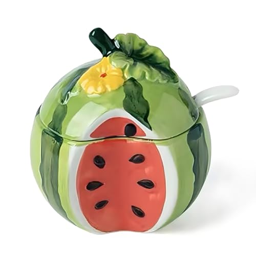 YAMKNICE Azucarero de cerámica con forma de fruta pintado a mano, tarro para especias, tarro para condimentos con tapa y cuchara, tarro para sal con forma de fruta de cerámica (Sandía)