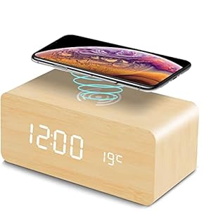 Digitale wekker, led, hout, met draadloze oplader, datum, stembediening, binnentemperatuur, 3 helderheidsniveaus, 3 alarminstellingen, voor thuis, slaapkamer en kantoor (bamboe)