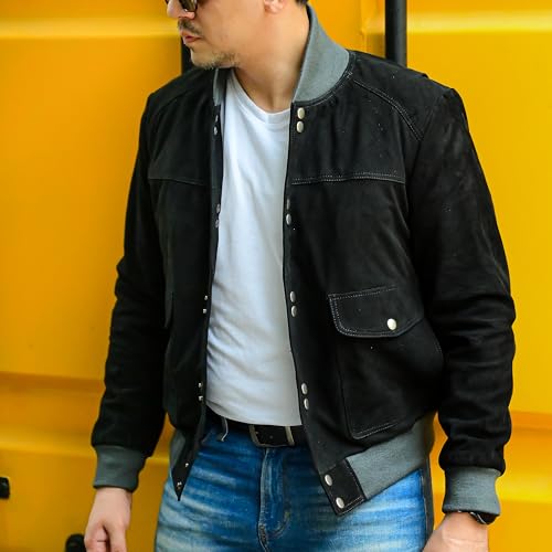 Image of Jild Varsity Style Leather Bomber Jacket Men - Casual Fashion Real Suede Classic MA-1 Leather Jacket Men