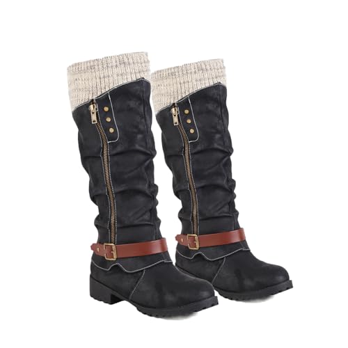 PURCHAWEE Knee High Boots for Women Chunky Block Heel Tall Boots Motorcycle Riding Boots Pull On Wide Calf Fall Boots for Women