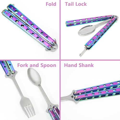 ZOWZOW Butterfly Fork and Spoon Stainless Steel Set 2 Pcs, Reusable Spork for Travel Camping Hunting Outdoor Kitchen(Purple), CS-01-HDCS