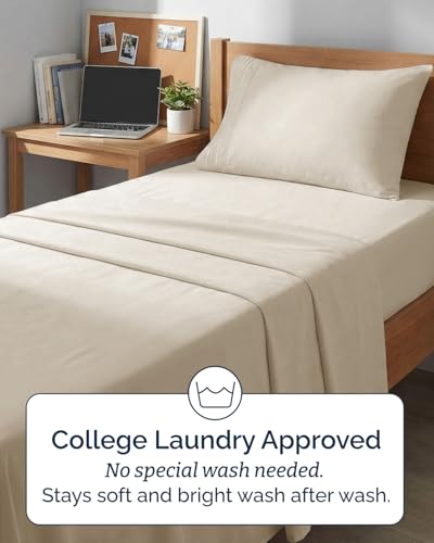 Image of Twin XL 4 Piece Sheet Set - College Dorm Room Essentials - Wheat | Ultra Soft Dorm Bedding Set, 8 inch to 16 inch Inch Deep Pockets, 1 Flat & 1 Fitted Sheet & 2 Pillowcases, Wrinkle & Fade Free