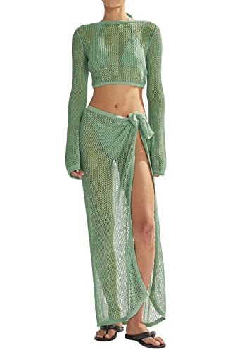 LANNEW Women's Swimsuits Cover Ups Set for Crochet Bathing Suit Hollow Out 2 Piece Bikini Coverup Beach Swimwear