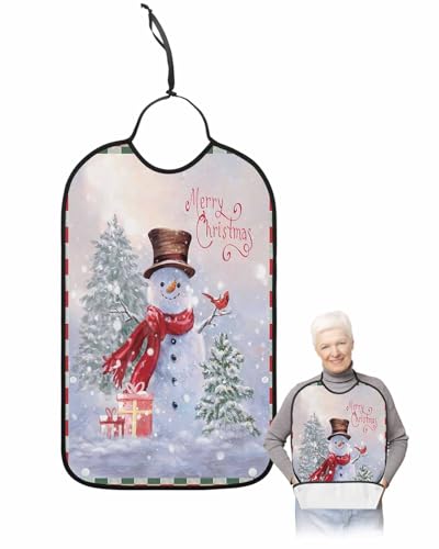 LEOKOTI Christmas Adult Bibs for Eating, Waterproof Bibs with Food Catcher & Adjustable Snap Closure, Winter Snowflake Snowman Xmas Tree Red Plaid Washable Clothing Protectors Adult Bibs for Elderly