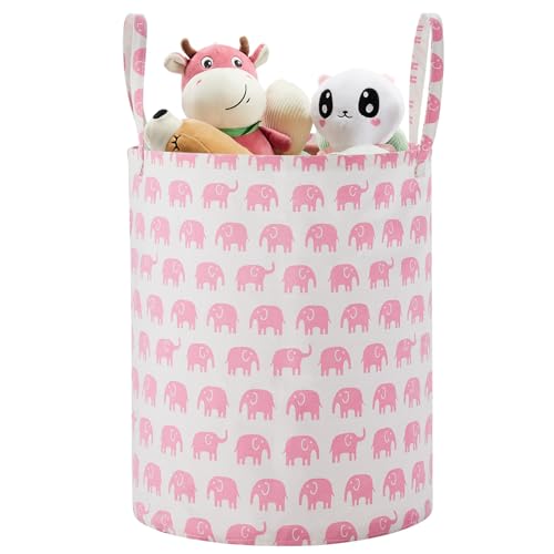 Image of Large Storage Basket for Girls and Boys, Collapsible Laundry Hamper with Long Handles, Toy Bins for Nursery, Kids Room Décor Pink Elephant