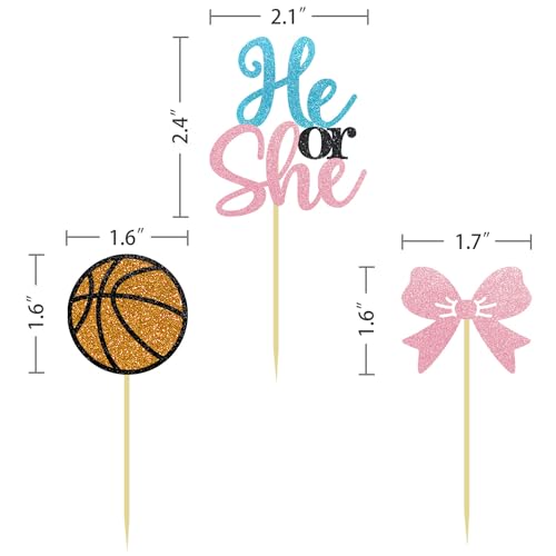 Moitkptt 24PCS Basketball He or She Cupcake Toppers, Boy or Girl Gender Reveal Cupcake Toppers for Basketball Baby Shower Decorations