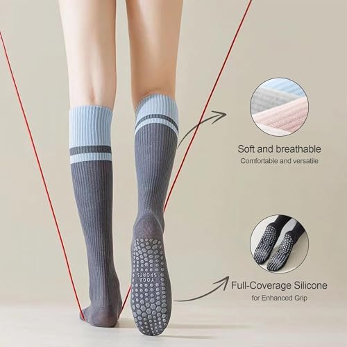 Yoga Pilates Socks with Grips for Women Compression Non Slip Cushioned Knee High Socks for Barre Ballet Dance3