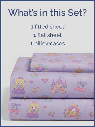 Image of Kids Twin Size Princess Dreamland Bed Sheets - 3 Piece Kids Sheet Set | Princess Dreamland Themed Bedding, Ultra-Soft, Cute & Cozy, Breathable & Machine Washable, Bed Set for Boys, Girls & Teens