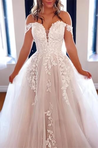 A-line Off Shoulder V Neck Wedding Dresses for Bride Plus Size Lace Appliques Tulle Bridal Gowns4