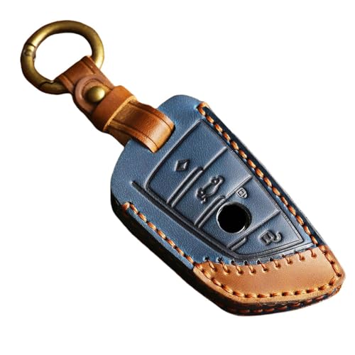 Hontumax Genuine Leather Key Fob Cover for BMW 1 3 4 5 7 Series X1 X3 X4 X5 X6 X7 330i 530i 540i 730i 2018-2023 Smart Key Case Holder Accessories (Blue)