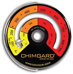 EXCITING EASY TO READ GRAPHICS. ChimGard® Energy Meter (3-4) Woodstove Thermometer. Durable genuine porcelain enamel with yellow, orange and red zones clearly indicated on black case. - Image 2