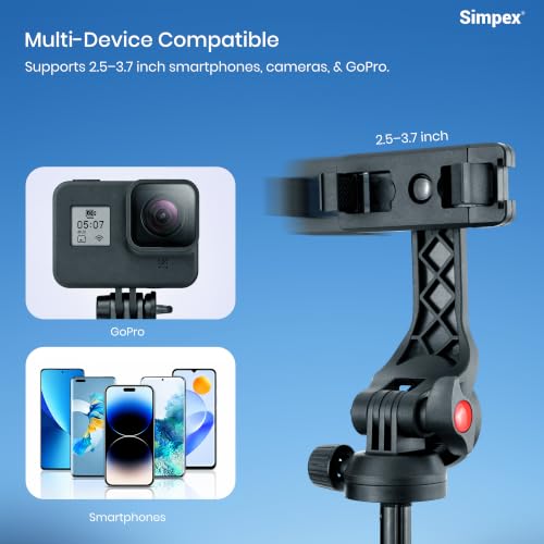 Image of Simpex SST-63 160cm Aluminum Tripod Selfie Stick with Wireless Remote, 360 Ball Head, 7-Section Extendable Stand, 3-Leg Stable Base & Compatible with Smartphones & Action Cameras