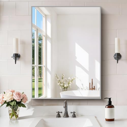 Image of COFENY Silver Bathroom Mirror for Wall, 24x32 Inch Rectangle with Metal Frame, Modern Vanity for Bathroom Living Room, Entryway Hangs Horizontal or Vertical
