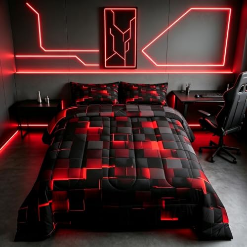 Image of Erosebridal Black and Red Comforter Set Full Neon Geometric Checkered Bedding Set Gamer Room Decor for Boys,Abstract Grids Quilt Comforter for Kids Teen Men Plaid Check Bed Set 3 Pcs