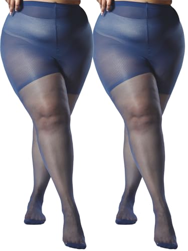 Image of Plus Size Sheer Tights for Women 20D Control Top Pantyhose Soft Stockings with Reinforced Toes 2 Pairs