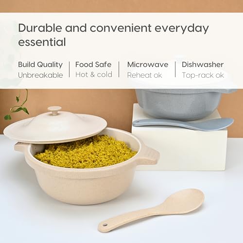 Eha Earth Friendly Serving Bowls with Lid | Microwave Safe | Made with Rice Husk and Bamboo Fibers | 2500 ml Each | Set of 2 | Sand-Azure