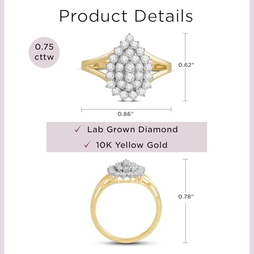 Jewelili 10K Yellow Gold Lab Grown Diamond Cluster Anniversary Ring for Women | 3/4 CTTW | Ring Size 6, 7 & 8 | Timeless Jewelry Gift for Her | Gift Box Included4